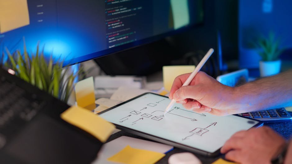 A vibrant workspace featuring digital sketching on a tablet and code on a monitor, showcasing a tech-savvy environment.